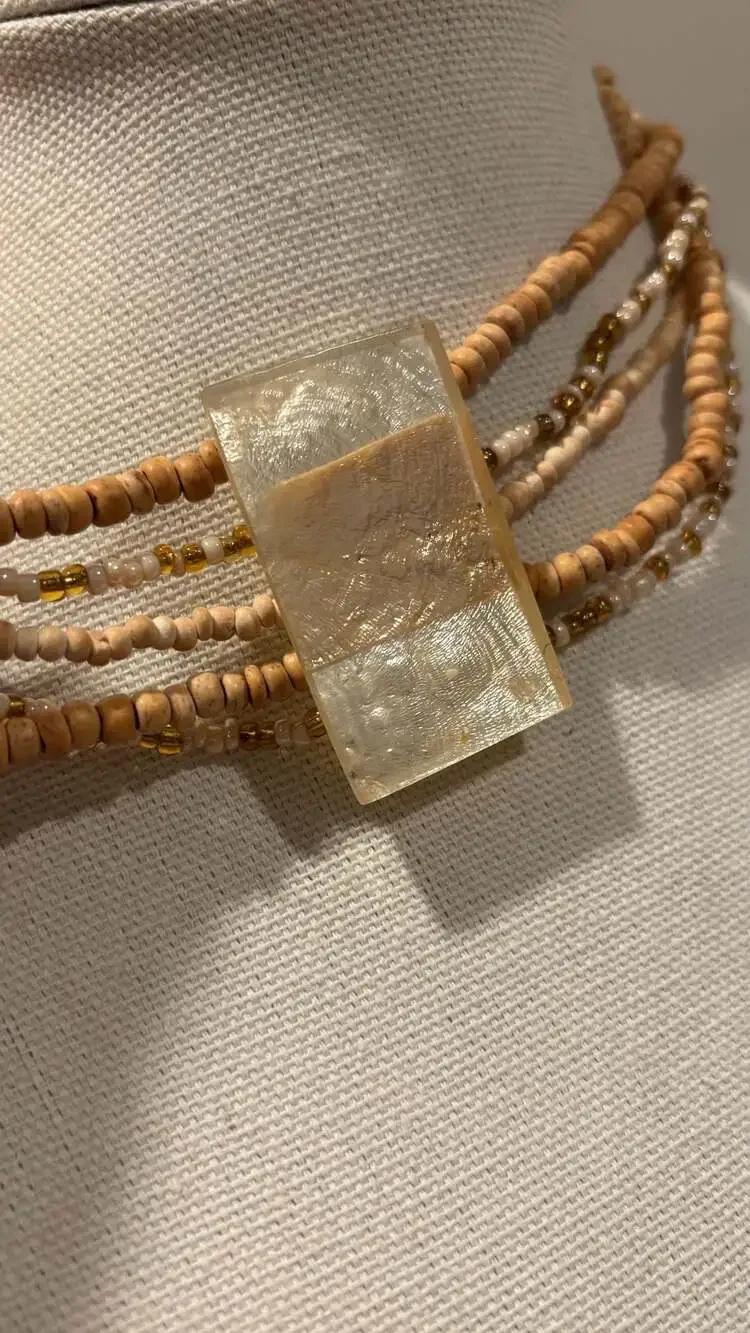 Multistrand Boho Necklace Wooden Beads Large Lucite/Resin Square Pendant